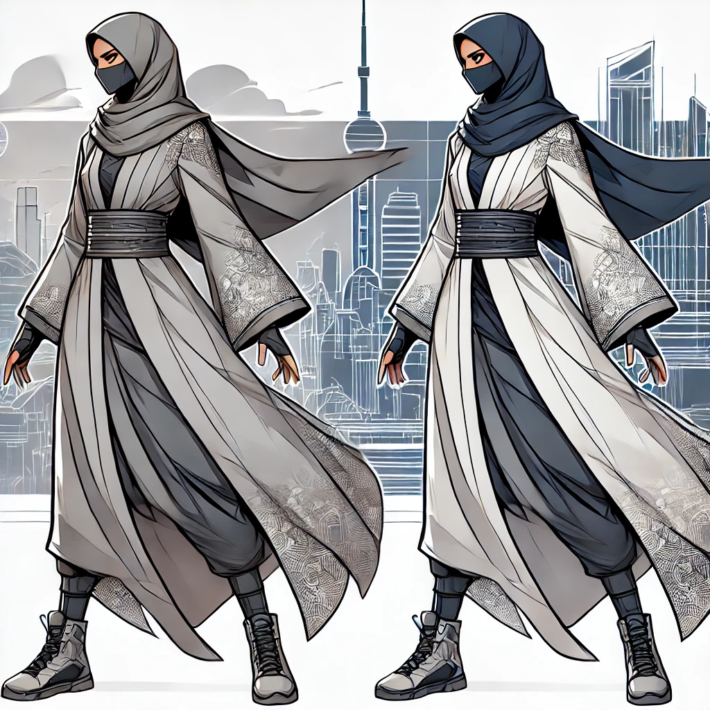 DALL┬╖E 2025-03-02 01.22.30 - A Muslim superhero character designed for Gen Z, wearing a stylish yet modest abaya or kimono-style outfit that is loose-fitting and elegant. The outf